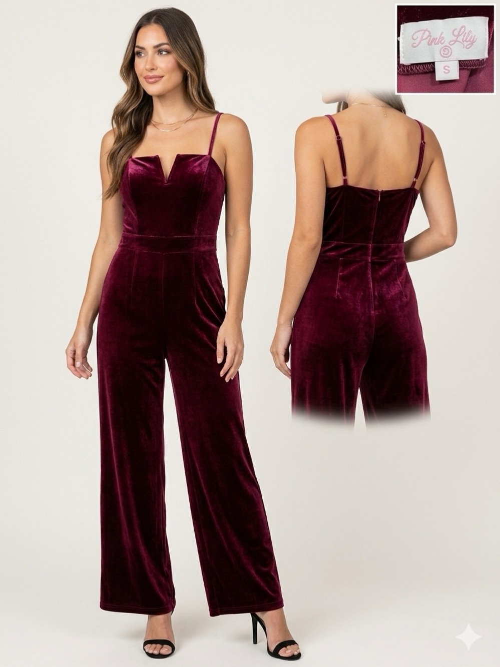 Pink Lily Burgundy Velvet V-Notch Wide Leg Jumpsuit Holiday Party S